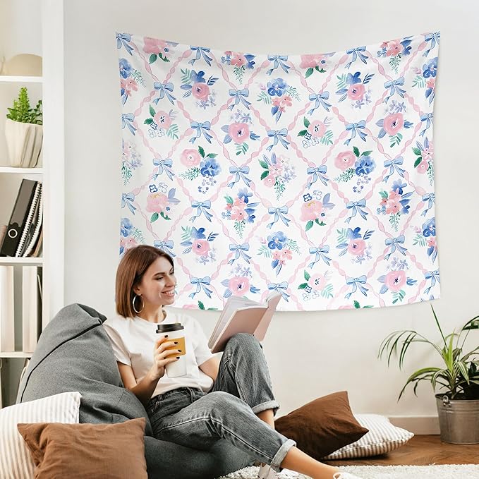 WARDOS Coquette Pink Bow Tapestry, Coquette Room Decor, Preppy Pink and Blue Floral Tapestry, Cute Preppy Room Decor Teen Girls, Girly Bedroom Decor, Coquette Stuff, 50x60 Inch
