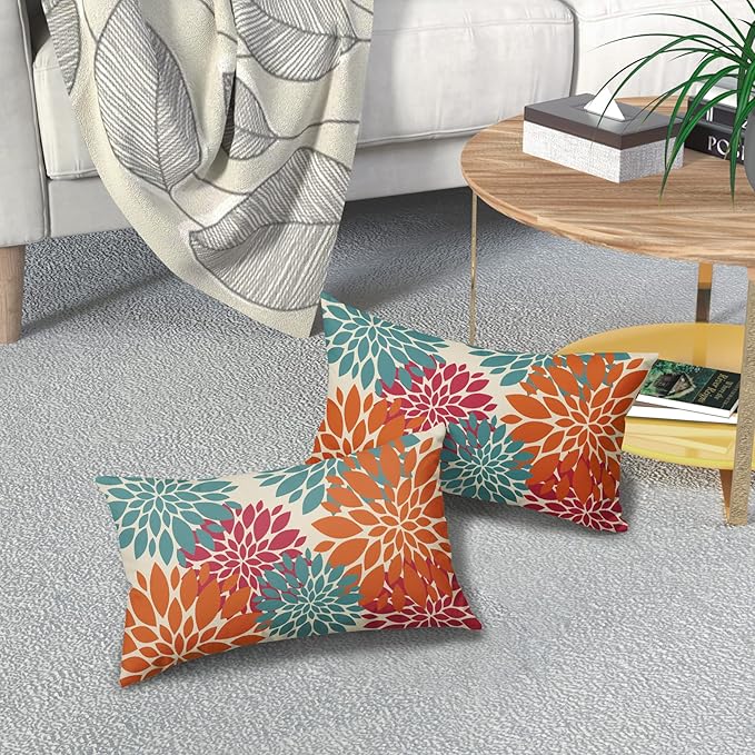 Blue Orange Burgundy Red Pillow Covers 12X20 Inch Set of 2, Spring Modern Geometry Dahlia Floral Decorative Rectangle Throw Pillow Covers Outdoor Farmhouse Cushion Case for Couch Sofa Bed Decor