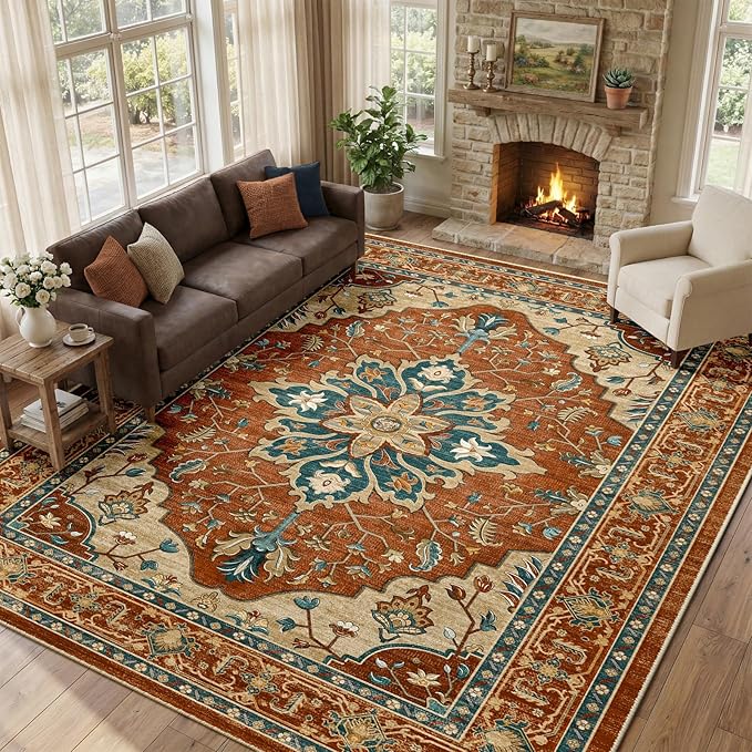 Area Rugs 9'x12' Washable Non-Slip, Floral Vintage Distress Print Pattern Medallion Carpet for Living Room Bedroom Dining Room, Red Orange Blue Brown