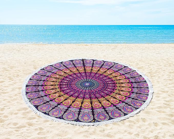 Round Beach Tapestry Turquoise Mandala Throw/Boho Hippie Beach Blanket Roundie/Indian Cotton Bohemian Large Round Table Cloth-Home Decor/Yoga Mat Meditation Picnic Rug (42", Pink And Yellow)