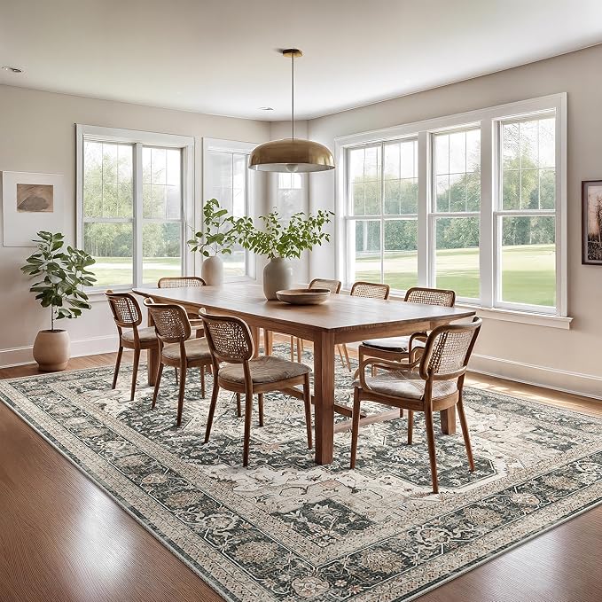 Washable Rugs 8x10 Area Rugs for Living Room, Bedroom, Office, Ultra-Thin Anti Slip Backing Rug, Super-Soft Vintage Large Area Rug, Home Decor Farmhouse Rugs (Black/Beige, 8'x10')