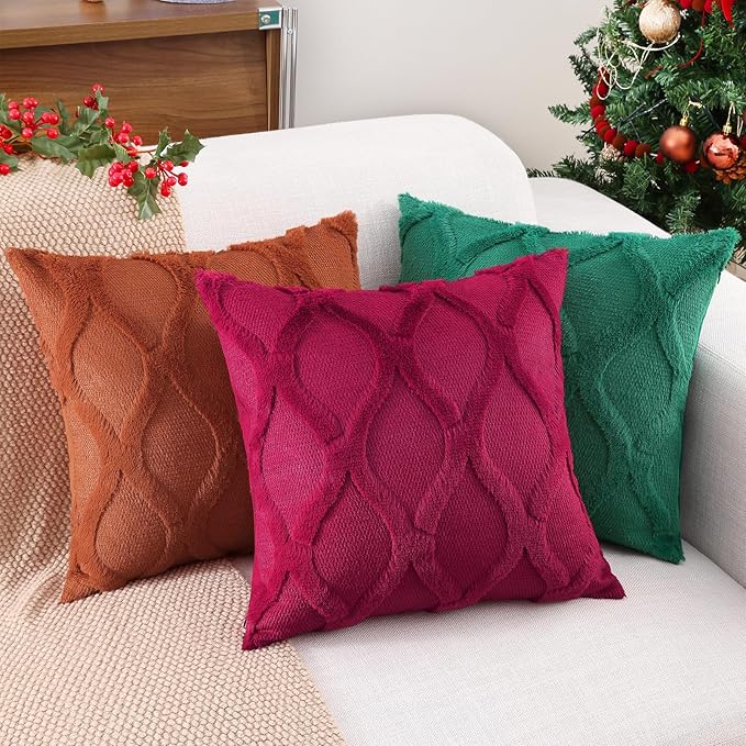 decorUhome Spring Euro Sham Throw Pillow Covers 26x26 Inch Set of 2, Soft Plush Faux Fur Wool Burgundy Accent Couch Pillow Covers for Modern Farmhouse Bed Sofa Living Room