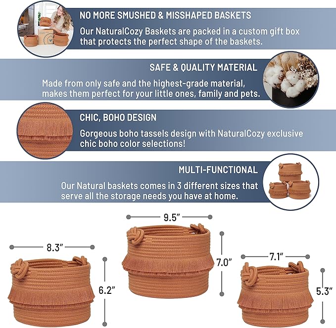 NaturalCozy 3-Piece Boho Decor Storage Basket Set Cotton Rope Woven Baskets for Organizing! Small Basket for Baby Stuff, Baby Shower, Gift Basket, Nursery Basket, Planter, Toy Basket, Shelves