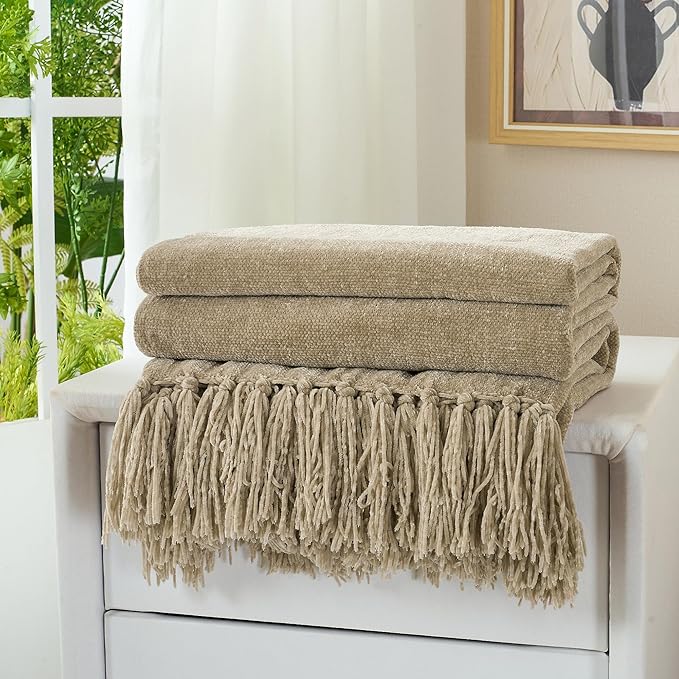 Chenille Throw Blanket for Couch with Tassels,60"X80" Soft Cozy Lightweight Knitted Boho Decorative Blankets for Bed and Sofa,Taupe