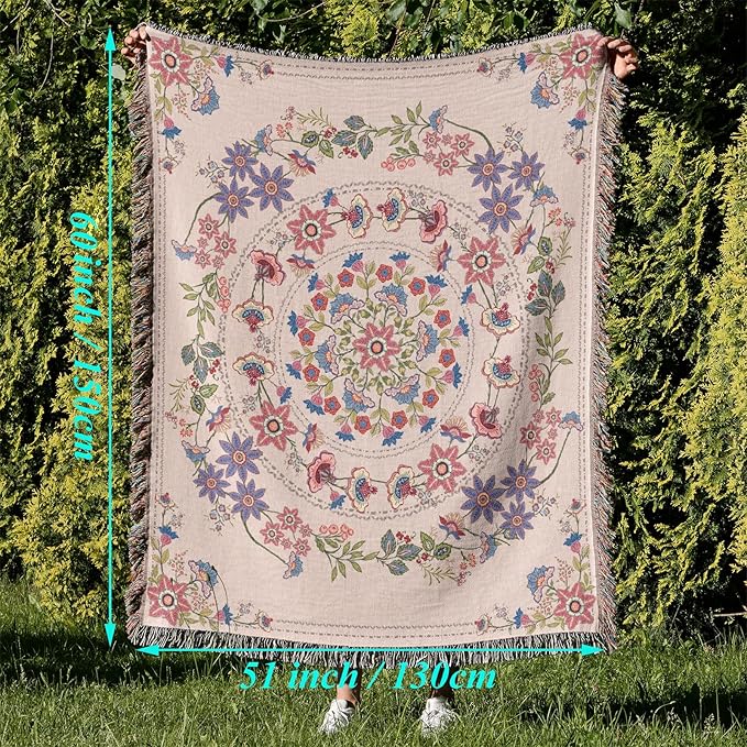 Mandala Flower Boho Throw Blanket for Couch Bed Chair Lounge Hippie Room Decor Reversible Cotton Woven Whimsical Throw Blanket Witchy Room Decor Throws Bed Spread Outdoor Camping Blanket 51x59 Inches