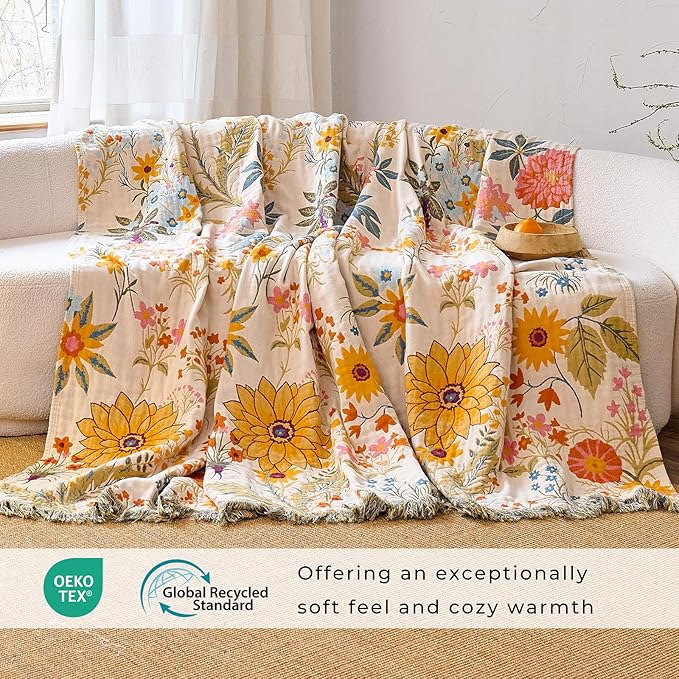 King Throw Blanket for Bed 100% Cotton Boho Soft Rustic Quilt Colorful Floral Reversible Woven Breathable Bed Blanket, All Season Blankets for Bedding Couch Home Decor,90"×98"