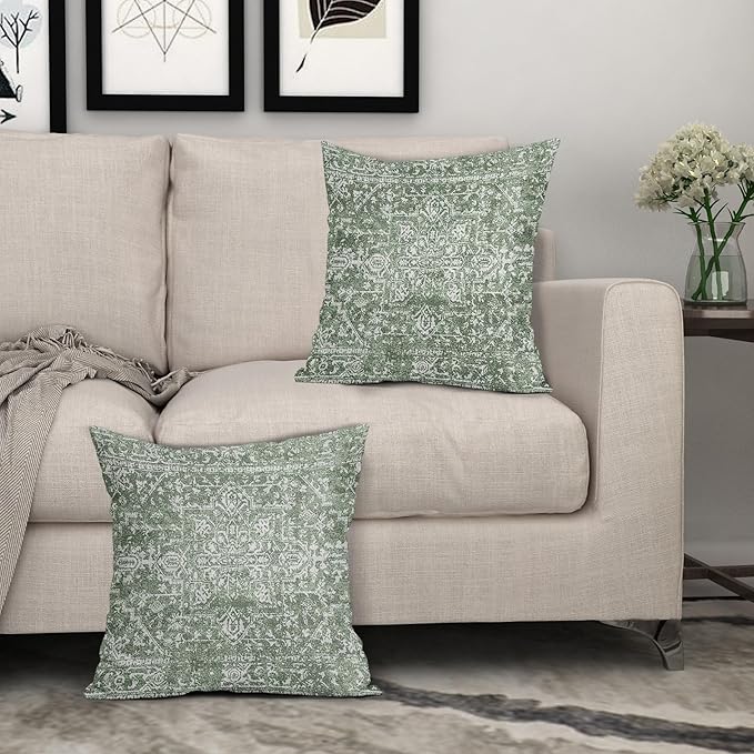 Sage Green Boho Throw Pillow Covers 22x22 Inch Decorative Square Bohemian Carpet Pattern Ethnic Pillow Cases Vintage Geographic Rug Cushion Covers Farmhouse Home Decor For Sofa Couch Outdoor Set of 2