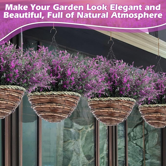 2 Sets Artificial Lavender Flowers with Hanging Basket for Outdoor Indoor Artificial Faux Hanging Flowers Plants Rattan Lining for Porch Garden Yard Spring Summer Decor(Red Lotus)