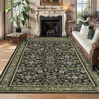 GarveeHome Washable Rug 9x12 Area Rugs for Living Room, Boho Rug Non Slip Vintage Low Pile Large Rugs for Bedroom Stain Resistance Non-Shedding Throw Carpet for Office Green Black