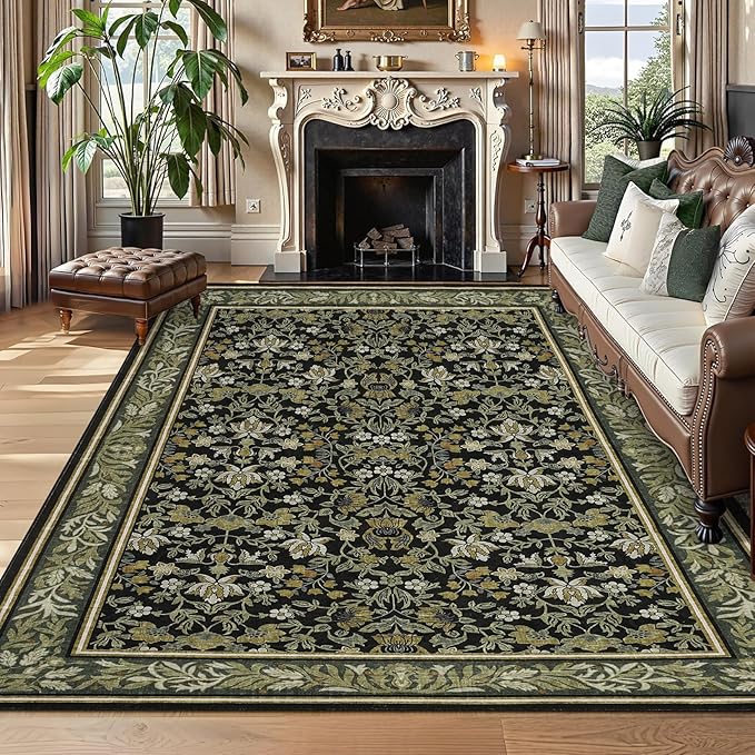 GarveeHome Washable Rug 9x12 Area Rugs for Living Room, Boho Rug Non Slip Vintage Low Pile Large Rugs for Bedroom Stain Resistance Non-Shedding Throw Carpet for Office Green Black