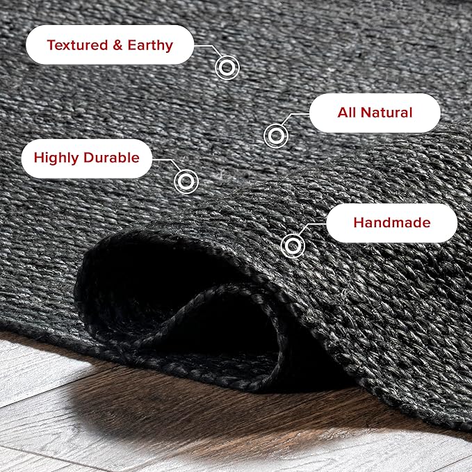 nuLOOM 3x5 Rigo Jute Hand Woven Area Rug, Black, Solid Farmhouse Design, Natural Fiber, For Bedroom, Living Room, Dining Room, Hallway, Office, Kitchen, Entryway