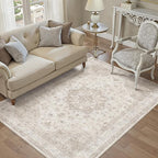 Beige Area Rug 5x7 Washable Vintage Carpet for Living Room Office Soft Retro Low Pile Thin Indoor Rug Non Slip Oriental Medallion Floor Cover for Bedroom Dining Room