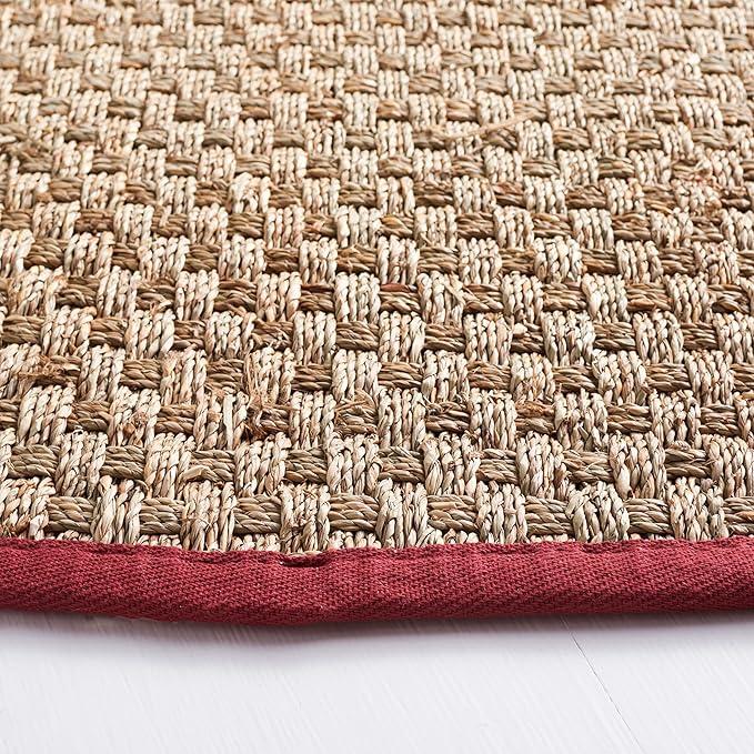 SAFAVIEH Area Rug 6' Round - Natural Fiber Collection - Natural & Red, Seagrass, Basketweave Pattern with Border (NF114D)