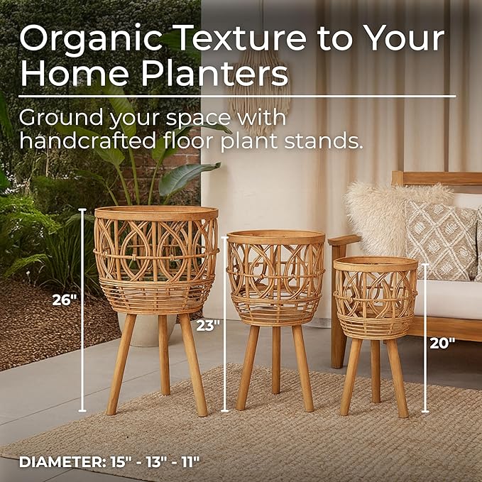 Handcrafted Bamboo Planters with Wooden Legs as Home Decor - Timeless Flower Pots for Entryway and Garden - Patterned Plant Pots for Outdoor and Indoor Plants - Set of 3, 26", 23", 20", Brown