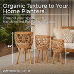Handcrafted Bamboo Planters with Wooden Legs as Home Decor - Timeless Flower Pots for Entryway and Garden - Patterned Plant Pots for Outdoor and Indoor Plants - Set of 3, 26", 23", 20", Brown