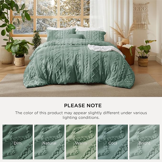 Bedsure Tufted Boho Comforter Set King Size - Green Boho Bed Set, GentleSoft™ 3 Pieces Farmhouse Shabby Chic Embroidery Bedding, Gifts for Woman, Soft Jacquard King Comforter for All Seasons