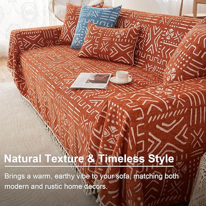 VClife Bohemian Couch Cover Sectional Sofa Cover Washable for L Shape Sofa, 1 PC Soft Chenille Couch Cover for 2 Cushion Couch - Boho Caramel White Jacquard Loveseat Slipcover for Couch Bed, 71"x 118"
