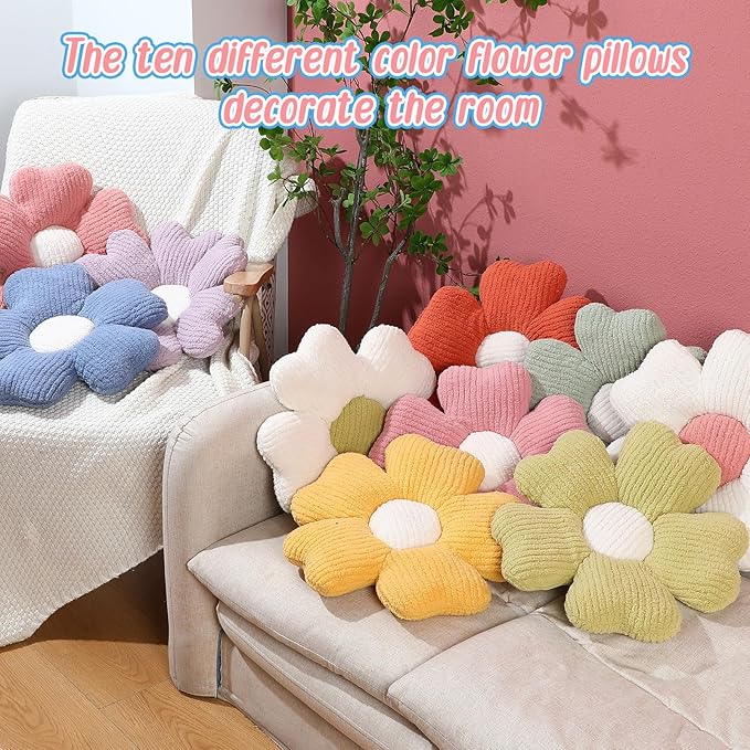 10 Pcs Cute Flower Pillow 15.75 Inch Flower Plush Throw Pillow Aesthetic Decorative Seating Cushion for Spring Back to School First Day of School Sofa Couch Bed Decor(Multi Colored,Multicolor)