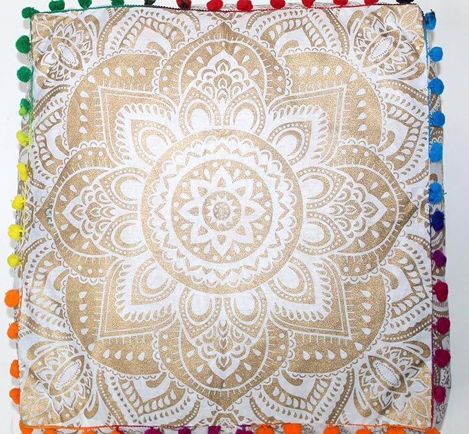 CRAFT KALA 16" Square Large Hippie Mandala Meditation Floor Ottoman Pillow Cushion Pouf Cover Square Poufs Bohemian Circle Floor Cushion Case Outdoor Fireplace Living Decor Cover White Gold Flower