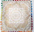 CRAFT KALA 16" Square Large Hippie Mandala Meditation Floor Ottoman Pillow Cushion Pouf Cover Square Poufs Bohemian Circle Floor Cushion Case Outdoor Fireplace Living Decor Cover White Gold Flower