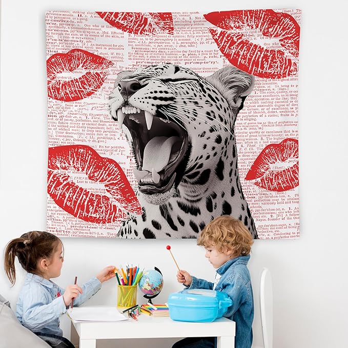 WNAGT Retro Trendy Leopard Tapestry Wall Hanging, Cheetah Leopard Room Decor, Vintage Funky Cheetah Print Lips Wall Blanket Decor for Girls Bedroom Dorm Apartment Home, 50x60 Inch(Red)
