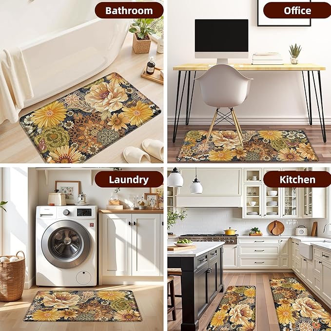Boho Floral Kitchen Mats for Floor 2PCS Anti Fatigue Mats for Kitchen Floor Cushioned Non Slip Waterproof Memory Foam PVC Kitchen Rugs Set for Sink,Office,Laundry 17.3"x28"+17.3"x47"