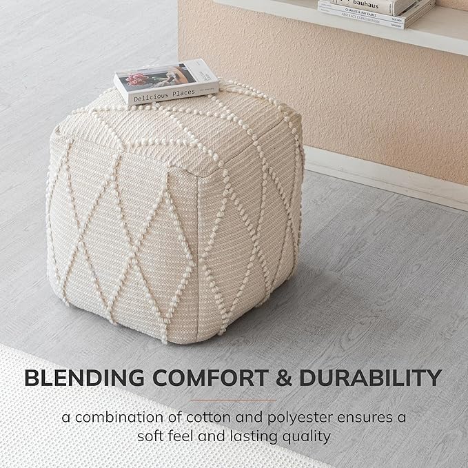 Anji Mountain Pouf Ottoman Foot Rest, Handmade Ottoman Pouf, Comfortable Foot Stool, Decorative Floor Seating for Living Room Decor, Bedroom & Home Décor Accent - Ivory