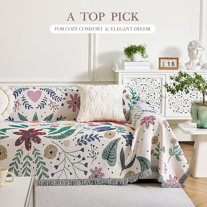 Boho Throw Blanket, 100% Handwoven Cotton Southwestern Farmhouse Floral Decor Reversible Blanket, All Season Throw for Sofa Bed Tapestry Outdoor Camping Picnic. 71″×91″