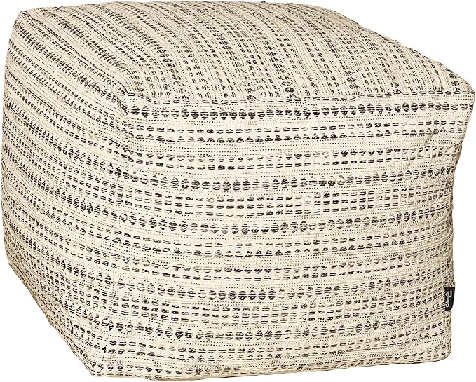 Chardin home Unstuffed Ottoman, Cozy & Bohemian Pouf Covers, Hand Crafted Casual Seating, Footrest, Square Floor Pillow for Home, Office, Bedroom, Living Room, 16.5" x 16.5"x 12.9", Black-Off White