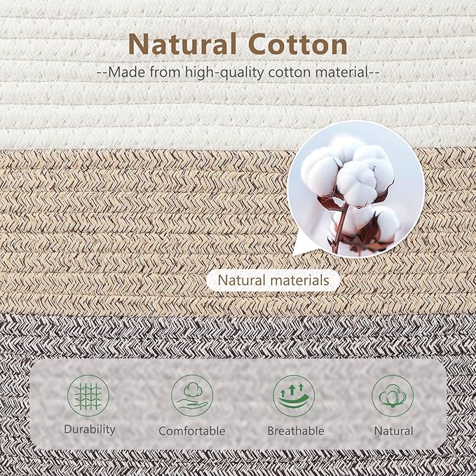 Cotton Rope Storage Basket, 15x10x9 Inches, Woven Basket for Shelves, Clothes, Towels, Books, and Laundry, White Brown (3 Pack)