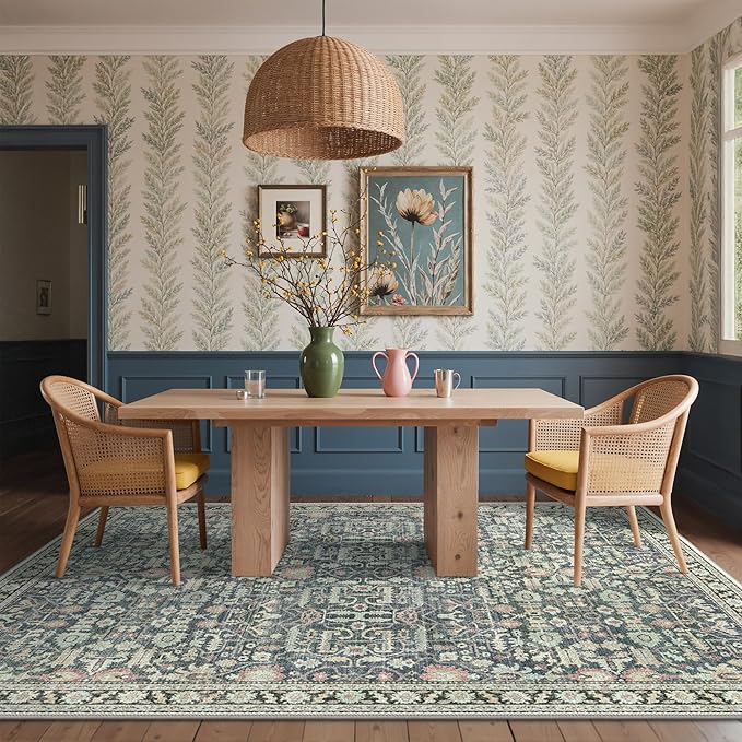 Bavni Area Rugs 8X10-Machine Washable Rug Lightweight Low Pile, Vintage Floral Rug Non-Shedding Distressed Throw Carpet for Living Room Bedroom Office, Green/Blue