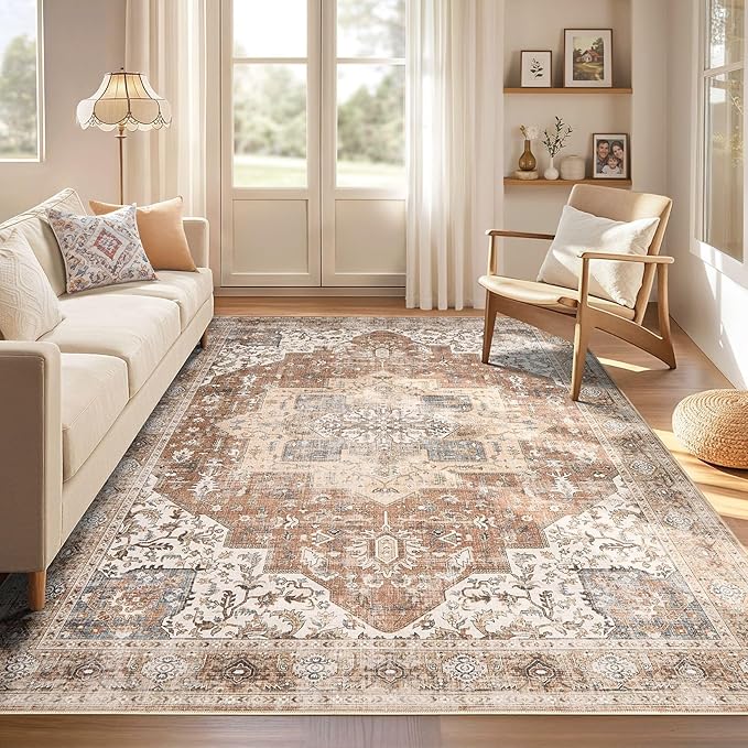 Washable Rug 12x15 Area Rugs: Boho Vintage Distressed Oriental Medallion Neutral Thin Large Rug Carpet for Living Room Bedroom Dining Room Home Office Decor - Brick Red