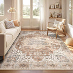 Washable Rug 8x11 Area Rugs: Boho Vintage Distressed Oriental Medallion Neutral Thin Large Rug Carpet for Living Room Bedroom Dining Room Home Office Decor - Brick red