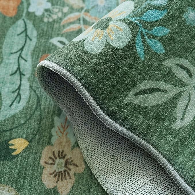 4x8 Washable Area Rug for Family: Stain Resistant Wide Floral Scalloped Kitchen Rug Soft Carpet for Entryway Bathroom Bedroom Farmhouse Living Room Floor Mat with Non Slip Backing(4x8, Floral/Green)