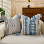 Set of 2 Boho Pillow Covers with Tassels White 18x18 Inch Farmhouse Decorative Chenille Tufted Striped Throw Pillow Covers, Neutral Accent Square Textured Pillowcase for Couch Bed Living Room