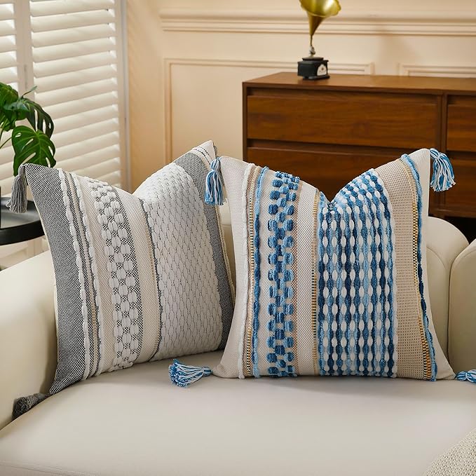 Set of 2 Boho Pillow Covers with Tassels White 18x18 Inch Farmhouse Decorative Chenille Tufted Striped Throw Pillow Covers, Neutral Accent Square Textured Pillowcase for Couch Bed Living Room