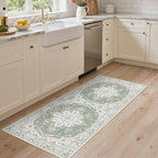 GENIMO 2X5 Washable Vintage Runner Rug for Hallway, Non-Slip Low Pile Chenille Print Rug, Soft Rugs for Indoor Entryway Kitchen Corridor, Sage & Linen