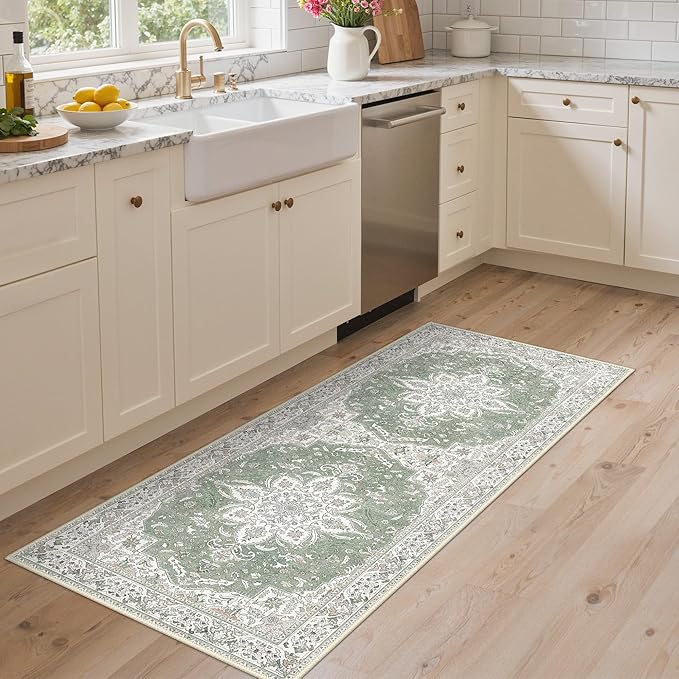 GENIMO 2X5 Washable Vintage Runner Rug for Hallway, Non-Slip Low Pile Chenille Print Rug, Soft Rugs for Indoor Entryway Kitchen Corridor, Sage & Linen