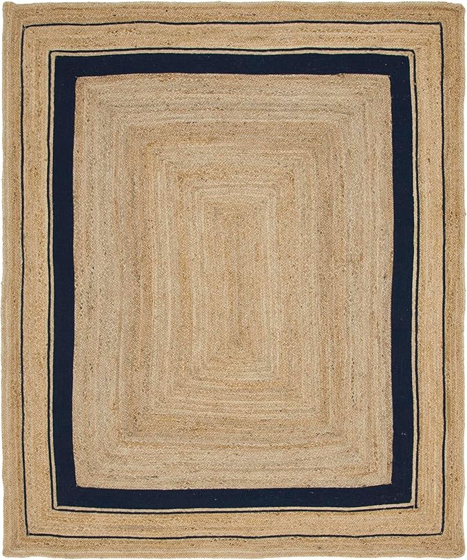 Unique Loom Braided Jute Collection Classic Quality Made Natural Hand Woven with Coastal Design Area Rug (8' 0 x 10' 0 Rectangular, Natural/ Navy Blue)