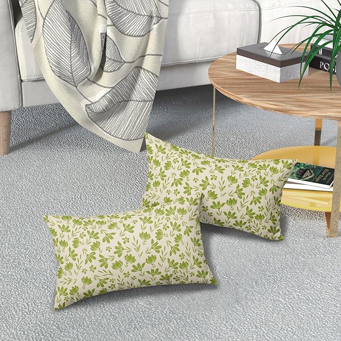 Lime Green Floral Pillow Covers 12x20 Set of 2 Vintage Rustic Old Style Cute Small Flower Green Cream Print Decorative Outdoor Pillowcases Farmhouse Throw Cushion Case Decor for Couch Sofa Bed
