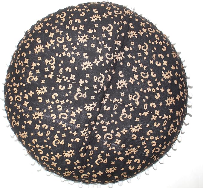 CRAFT KALA Boho Large Floor Pillow Pouf Cover Mandala Meditation Room Pillow Cover for Adults Round Bohemian Seating Pouf Cushion Cover for Kids Playroom 22" Black Golden