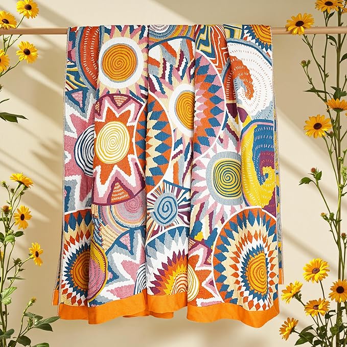 Boho Throw Blanket, 100% Organic Muslin Cotton Skin-friendly Breathable Ultra Soft Bed Quilt Throw - All Season Bohemian Decor Luxury Colorful Blanket for Sofa Couch Chair and Gift. 60" x 80"