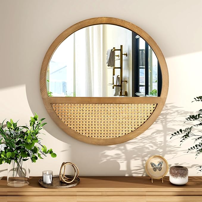 24 Inch Rattan Round Mirror, Vintage Hand-Woven Wooden Framed Wall Mirror for Living Room, Bedroom, Bathroom, Entryway Decor, Natural Hanging Decorative Mirrors for Indoor Wall Art