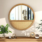 24 Inch Rattan Round Mirror, Vintage Hand-Woven Wooden Framed Wall Mirror for Living Room, Bedroom, Bathroom, Entryway Decor, Natural Hanging Decorative Mirrors for Indoor Wall Art