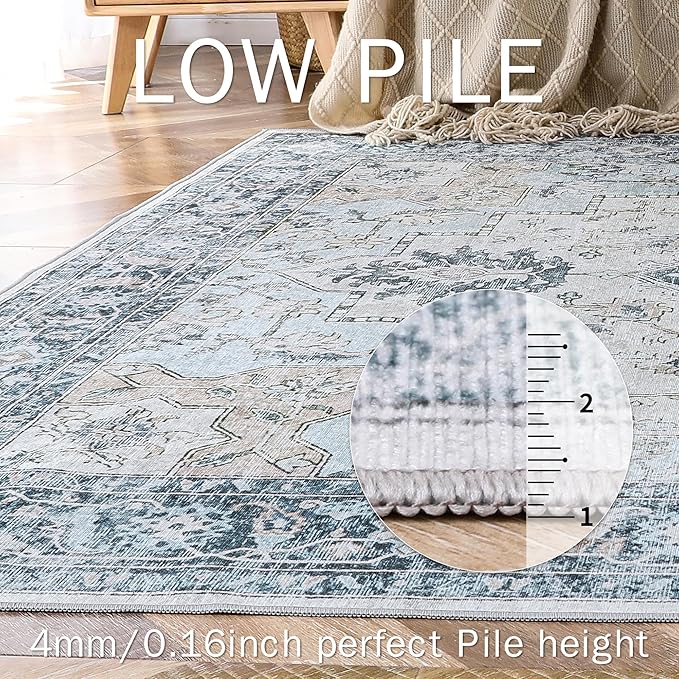 GENIMO 5FT Round Area Rugs for Living Room, Circle Rugs Machine Washable Low Pile, Chenille Non Slip Vintage Rug for Bedroom, Dining Room, Home Office, Blue