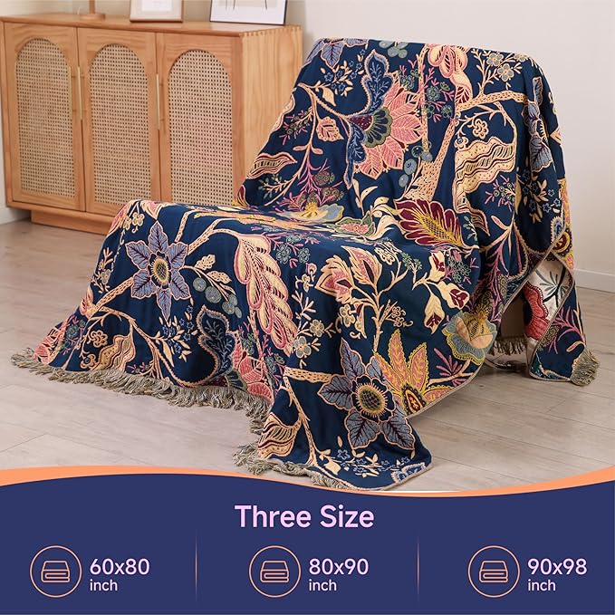 Boho Large Throw Blanket for Bed -100% Cotton Colorful Bed Throw, Ultra Soft Farmhouse Decor Bedding,80" x 90" Travel Blanket Rustic Throw for Picnic Sofa Couch Chair White&Blue