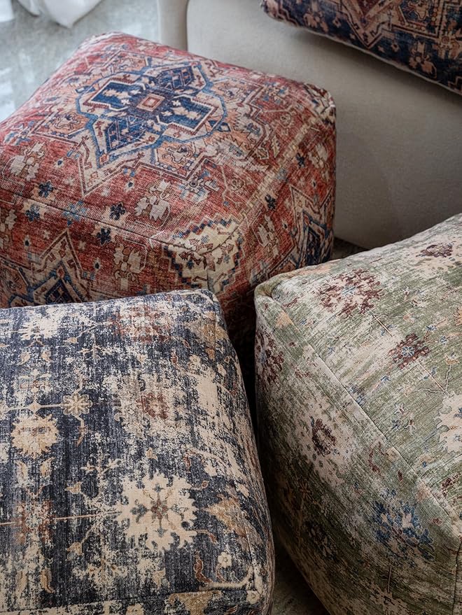 L. R. Resources, Inc. LR Home Vintage Medallion Square Indoor Medium Pouf Ottoman, Navy/Rust | Hand-Made Power-Loomed Pouf for Home Decor | 18 x 18 x 18 Stuffed Ottoman for Seating & Foot Rest