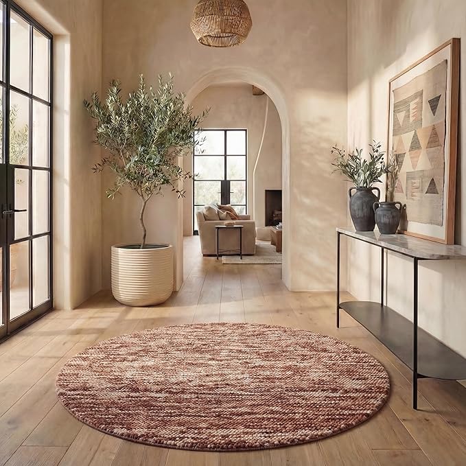 SAFAVIEH Natura Collection Area Rug - 6' Round, Rust & Brown, Handmade Wool Blend, Textured Design, Ideal for Living Room, Bedroom, Dining Space (NAT425P)