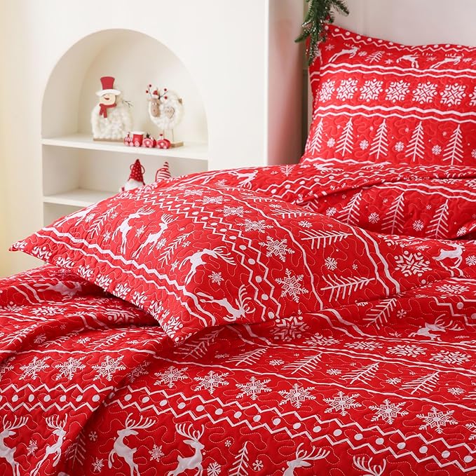 JSD Nordic Christmas Quilt Set Full/Queen, Red White Reindeer Snowflakes Tree Printed Bedspreads Coverlet with Pillow Sham 2 Piece