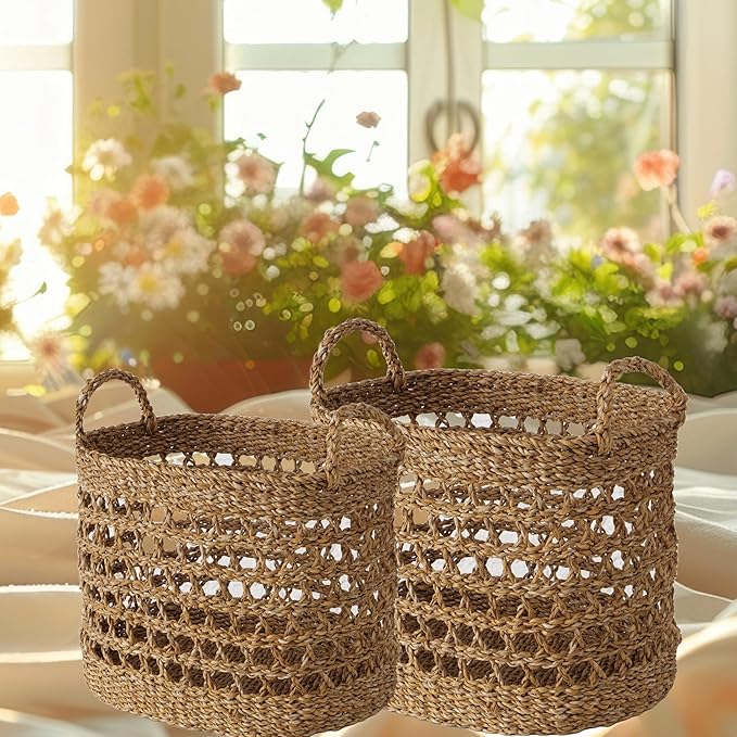 WHW Whole House Worlds Made by Nature Seagrass Baskets, Set of 2 Ovals, Handwoven Open Weave, Handles, 15.75 and 14.25 Inches